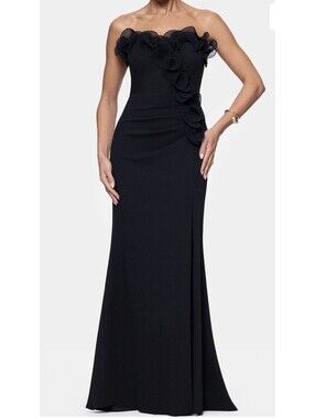 New Xscape Ruffle Detail Strapless Scuba Crepe Sheath Gown In Black Size 6 $258